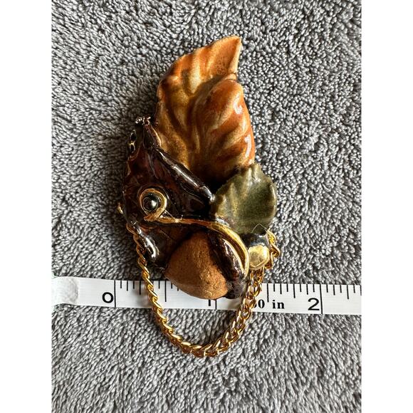 Fired Fantasies Brooch Pin Clay Chain Gold Tan Green Brown Leaves Vtg Handmade - Picture 6 of 6